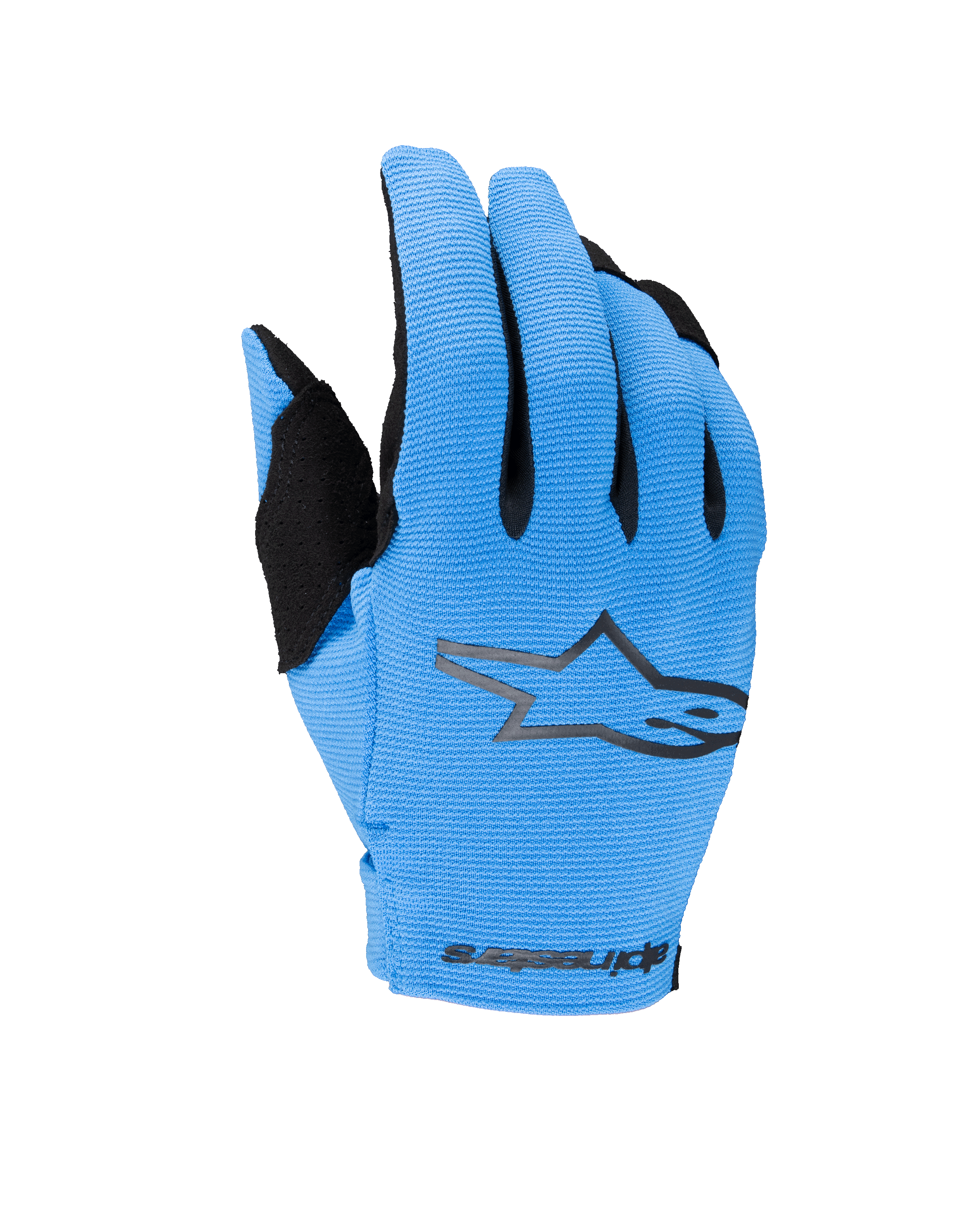 Luvas Alpinestars 2025 Youth Radar, luvas de motocross e todo-o-terreno, azuis e pretas, com dorso em azul-claro texturizado, logótipo de estrela preto e marca Alpinestars no pulso, luvas de motociclismo para jovens