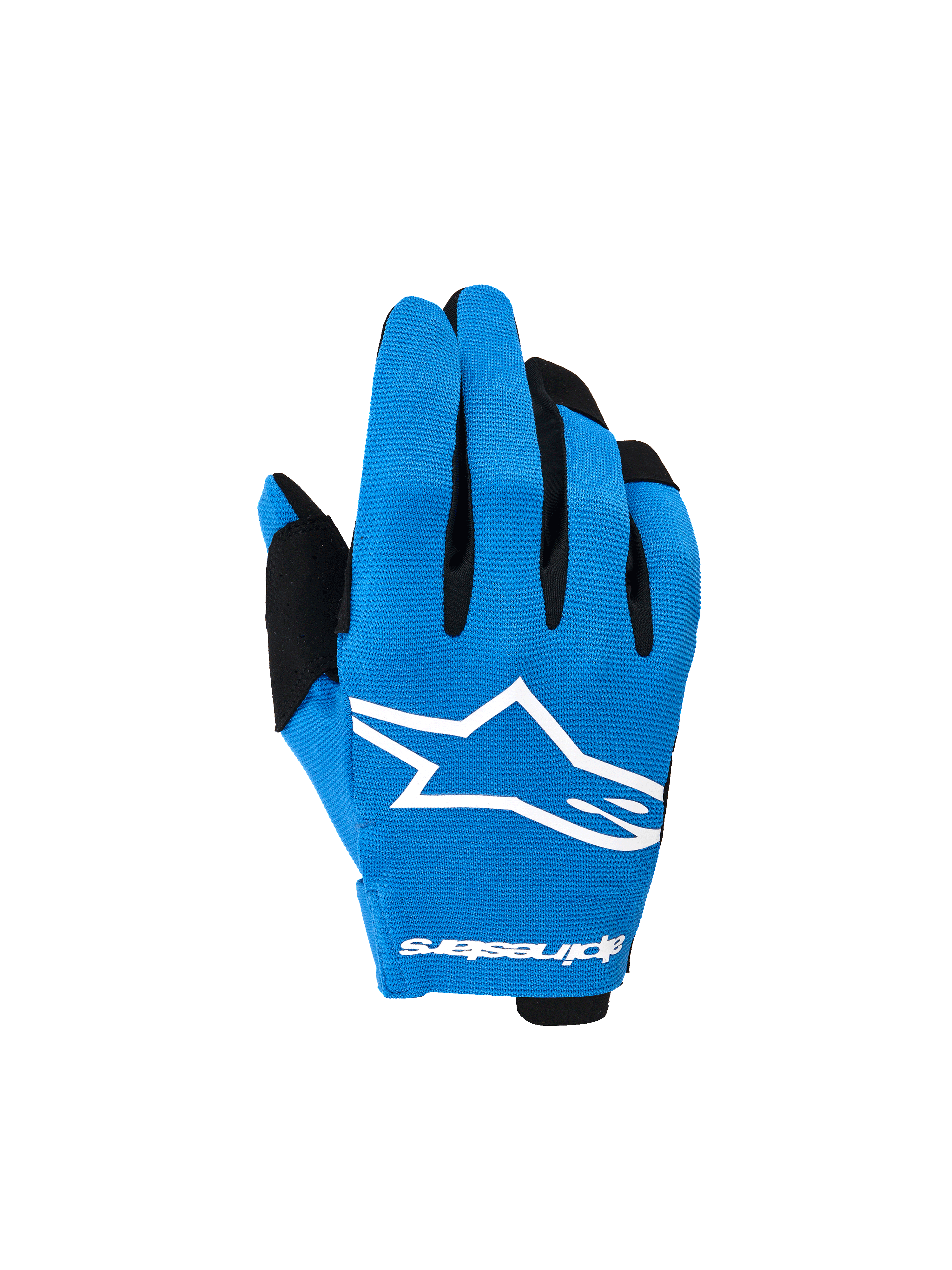 Alpinestars 2026 Youth Radar Gloves, luvas de motocross, azul UCLA e preto, com um logótipo de estrela branco proeminente no dorso, pormenores pretos nos dedos e construção leve e elástica para condução todo-o-terreno
