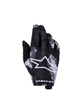 Alpinestars 2026 Youth Radar Gloves, luvas de motocross para jovens, pretas e brancas, logótipo de estrela com padrão salpicado, construção em tecido texturizado, tamanho para jovens