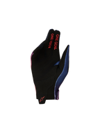 Alpinestars Youth Radar Gloves for motocross racing, featuring a black synthetic suede palm with Fire Red One Goal One Vision text and Deep Blue accents.