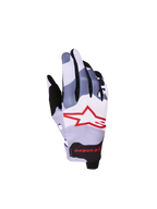 Alpinestars Youth Radar Gloves, gray and red camo motocross gloves with a stretch backhand and star logo.