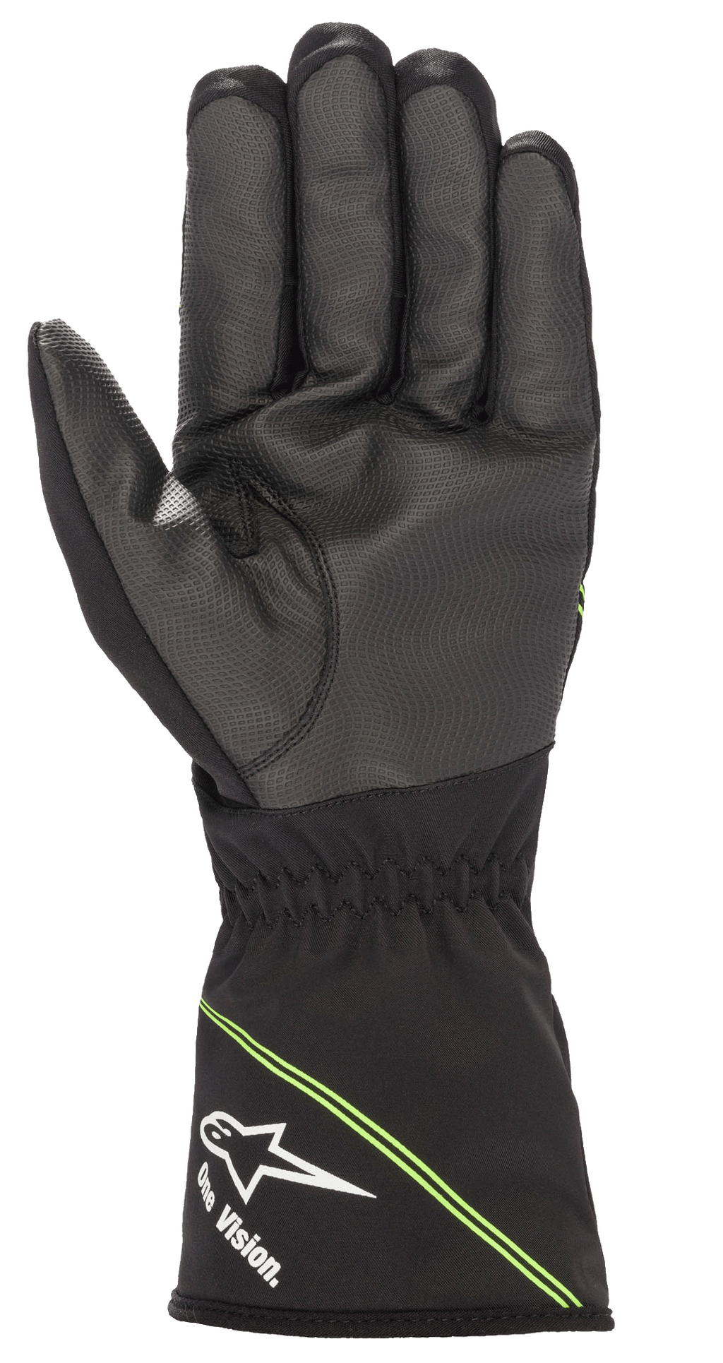 Luvas Alpinestars Youth Tempest V2 Waterproof, luvas de karting, pretas com detalhes em verde fluorescente, vista da palma com composto de borracha texturizada para maior aderência, punho de manopla com logótipo Alpinestars branco e marca 'One Vision.', riscas verdes diagonais, concebidas para corridas em tempo húmido