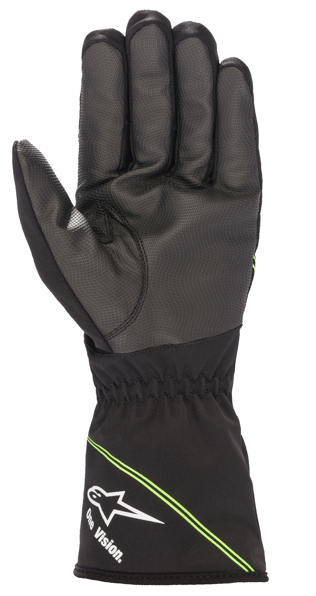 Luvas Alpinestars Youth Tempest V2 Waterproof, luvas de karting, pretas com detalhes em verde fluorescente, vista da palma com composto de borracha texturizada para maior aderência, punho de manopla com logótipo Alpinestars branco e marca 'One Vision.', riscas verdes diagonais, concebidas para corridas em tempo húmido