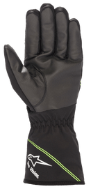 Luvas Alpinestars Youth Tempest V2 Waterproof, luvas de karting, pretas com detalhes em verde fluorescente, vista da palma com composto de borracha texturizada para maior aderência, punho de manopla com logótipo Alpinestars branco e marca 'One Vision.', riscas verdes diagonais, concebidas para corridas em tempo húmido