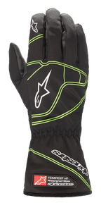 Alpinestars Youth Tempest V2 Waterproof Gloves, pretas com detalhes em verde fluorescente, punho comprido com pulso elástico, logótipos de estrela brancos nos dedos e costas da mão, construção têxtil impermeável para karting juvenil