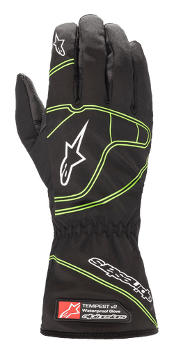 Alpinestars Youth Tempest V2 Waterproof Gloves, Black with Fluorescent Green accents, featuring a long gauntlet cuff with elasticated wrist, white star logos on fingers and back of hand, waterproof textile construction for youth karting