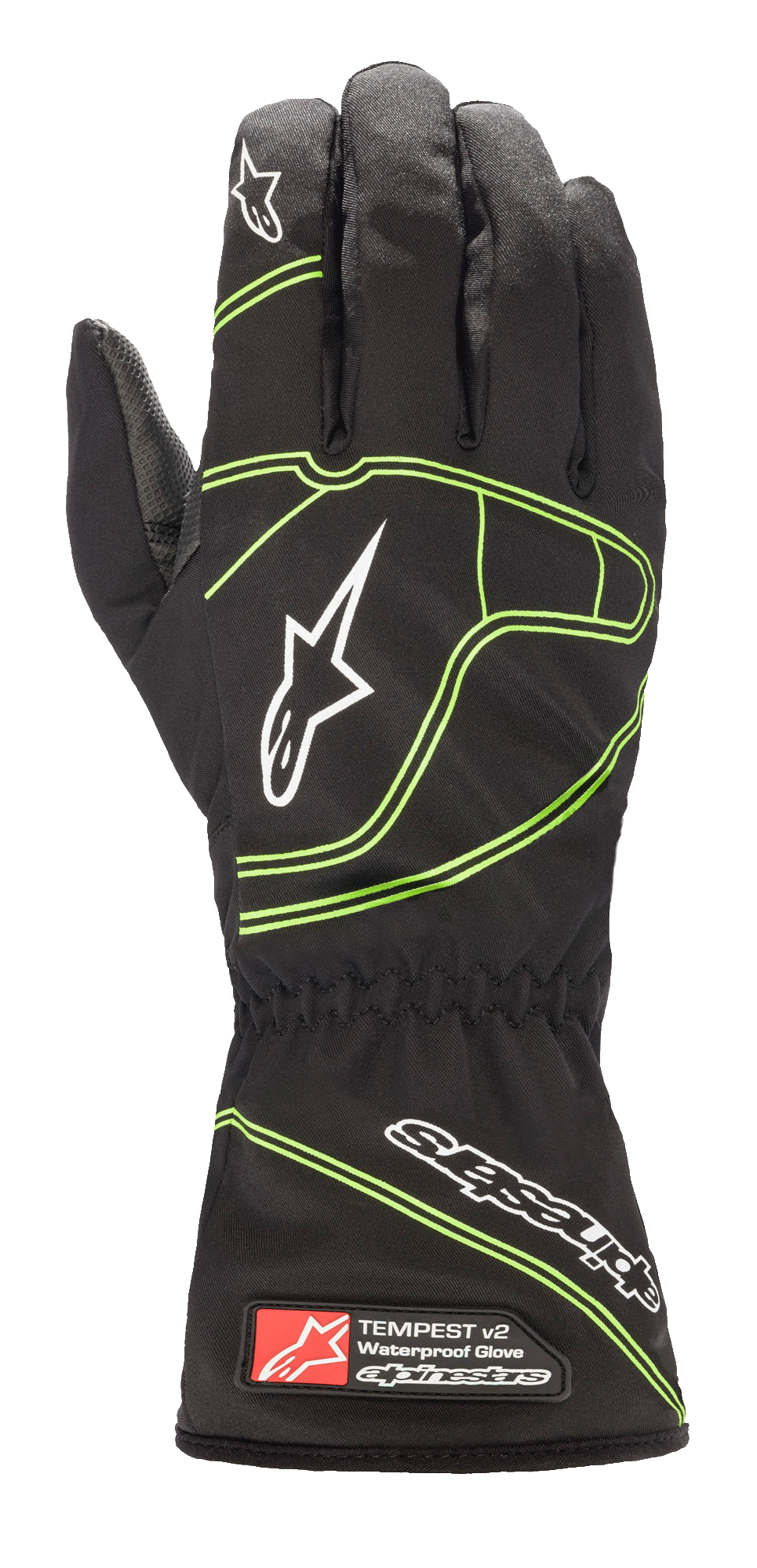 Alpinestars Youth Tempest V2 Waterproof Gloves, pretas com detalhes em verde fluorescente, punho comprido com pulso elástico, logótipos de estrela brancos nos dedos e costas da mão, construção têxtil impermeável para karting juvenil