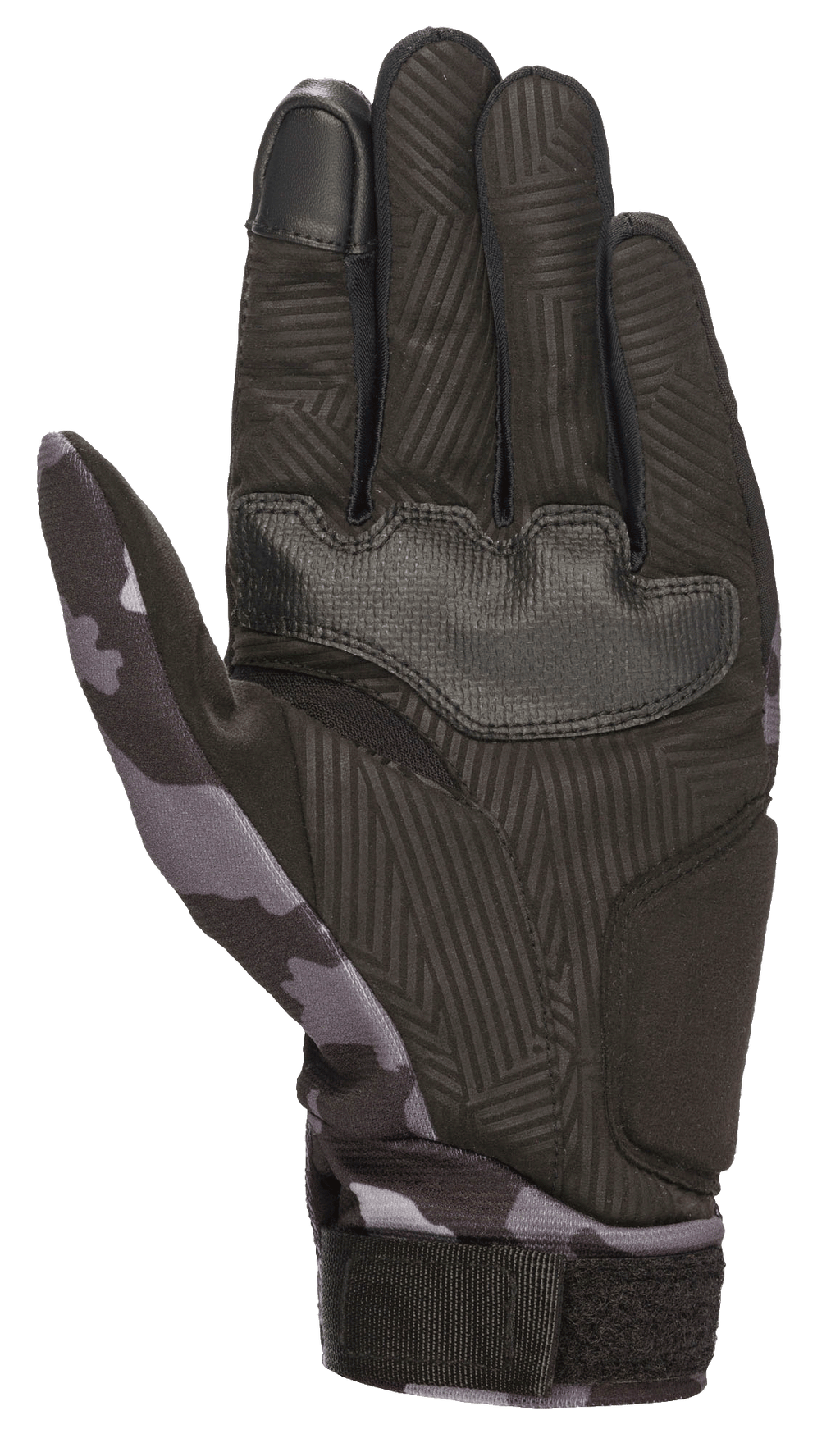 Luvas Alpinestars Youth Reef, Preto e Cinzento Camuflado, vista da palma em camurça sintética com textura aderente, padrão camuflado no polegar e pulso, dedo indicador compatível com ecrã tátil, luvas de motociclismo urbanas