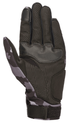 Luvas Alpinestars Youth Reef, Preto e Cinzento Camuflado, vista da palma em camurça sintética com textura aderente, padrão camuflado no polegar e pulso, dedo indicador compatível com ecrã tátil, luvas de motociclismo urbanas