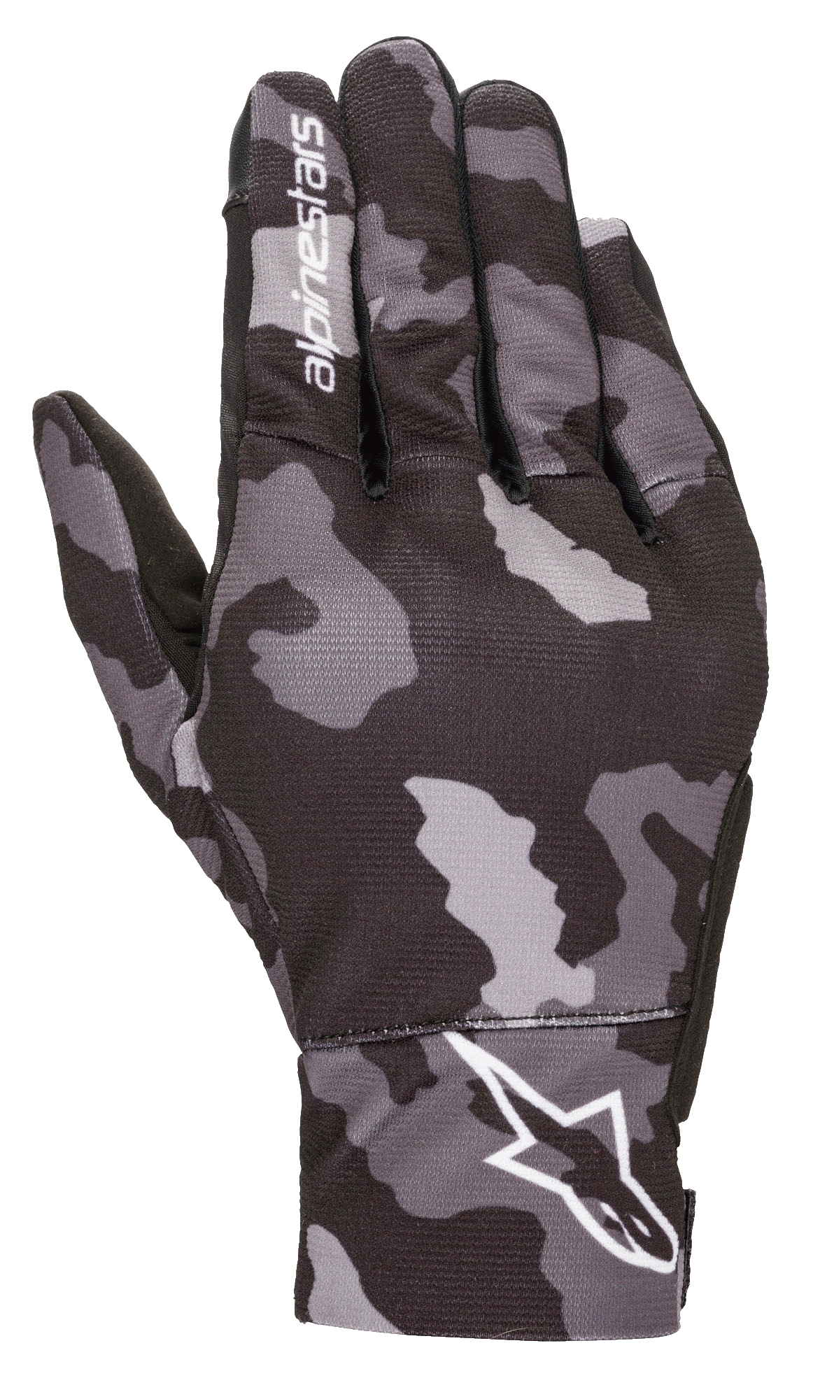 Alpinestars Youth Reef Gloves, luvas de motociclismo urbanas, padrão camuflado preto e cinzento, vista das costas da mão com logótipo Alpinestars branco no pulso e no dedo indicador, construção em tecido elástico leve