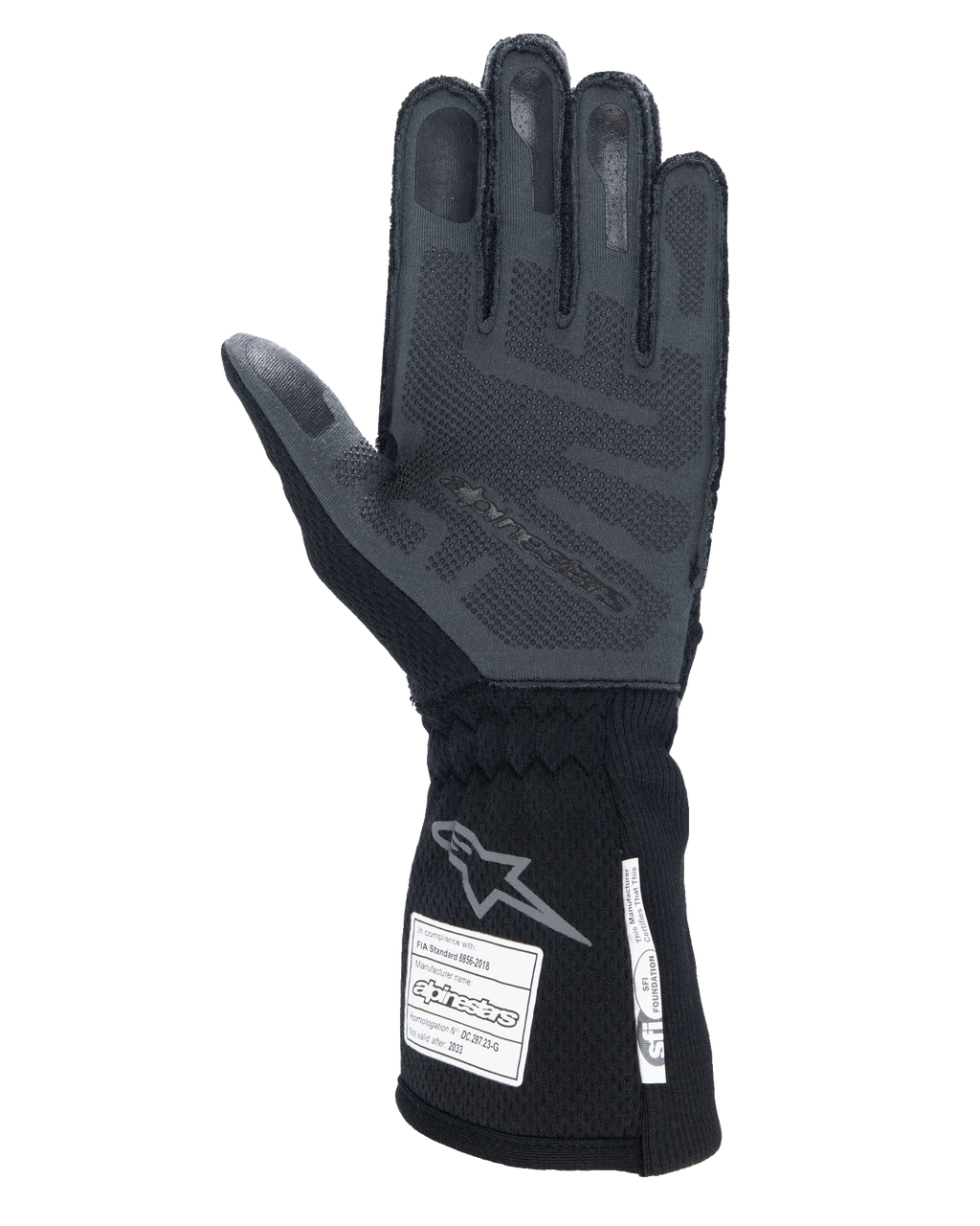 Luvas Alpinestars Tech-1 ZX V4, Preto Antracite, vista da palma com aderência de silicone 3D texturizada, punho longo com etiquetas de certificação de segurança FIA e SFI, luvas de automobilismo profissionais