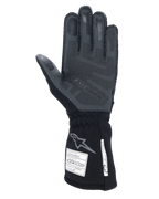 Luvas Alpinestars Tech-1 ZX V4, Preto Antracite, vista da palma com aderência de silicone 3D texturizada, punho longo com etiquetas de certificação de segurança FIA e SFI, luvas de automobilismo profissionais