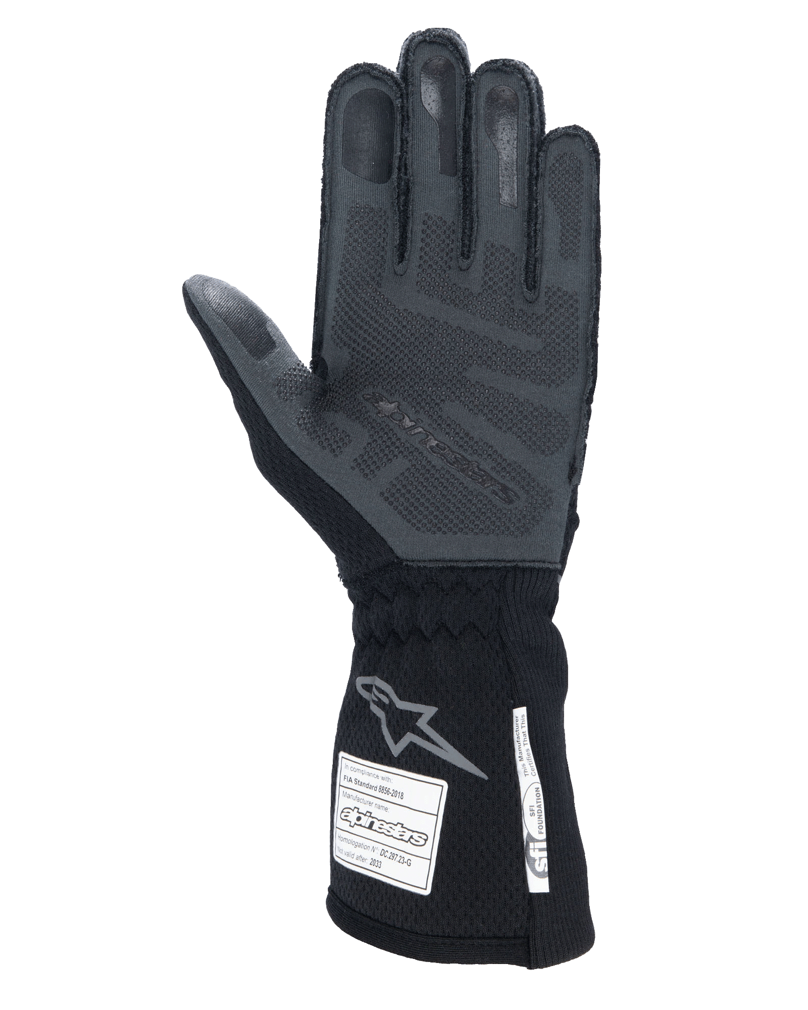 Luvas Alpinestars Tech-1 ZX V4, Preto Antracite, vista da palma com aderência de silicone 3D texturizada, punho longo com etiquetas de certificação de segurança FIA e SFI, luvas de automobilismo profissionais