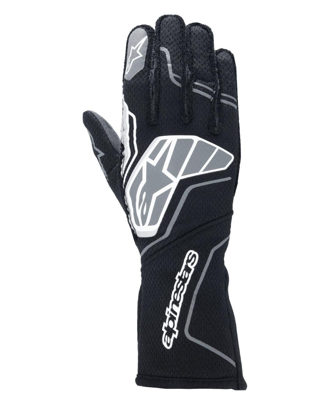 Luvas Alpinestars Tech-1 ZX V4, luvas de corrida para automobilismo, pretas e cinzento antracite, com um logótipo de estrela grande no dorso da mão e logótipo Alpinestars no punho longo, logótipo de estrela no dedo indicador, construção profissional resistente às chamas