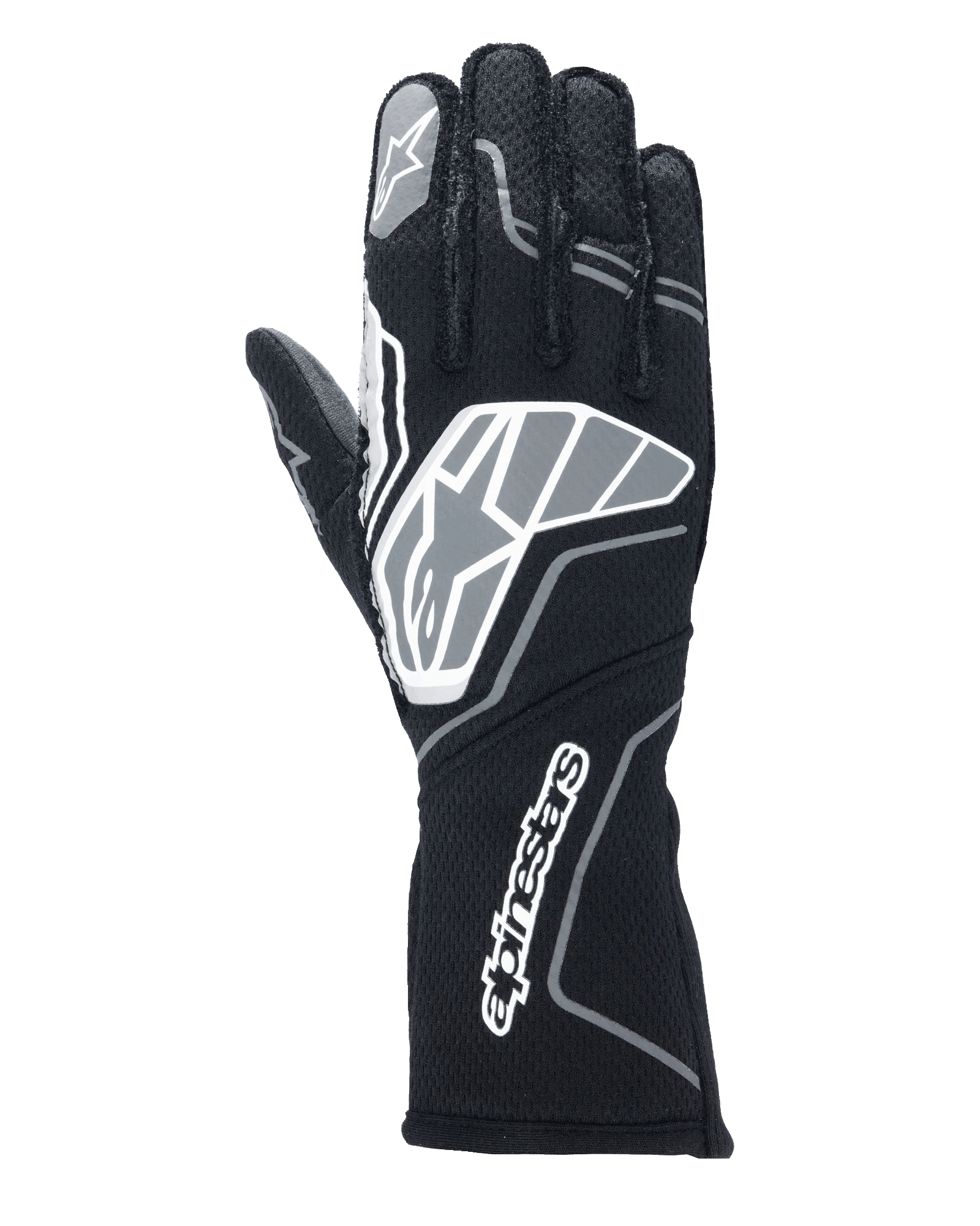 Luvas Alpinestars Tech-1 ZX V4, luvas de corrida para automobilismo, pretas e cinzento antracite, com um logótipo de estrela grande no dorso da mão e logótipo Alpinestars no punho longo, logótipo de estrela no dedo indicador, construção profissional resistente às chamas