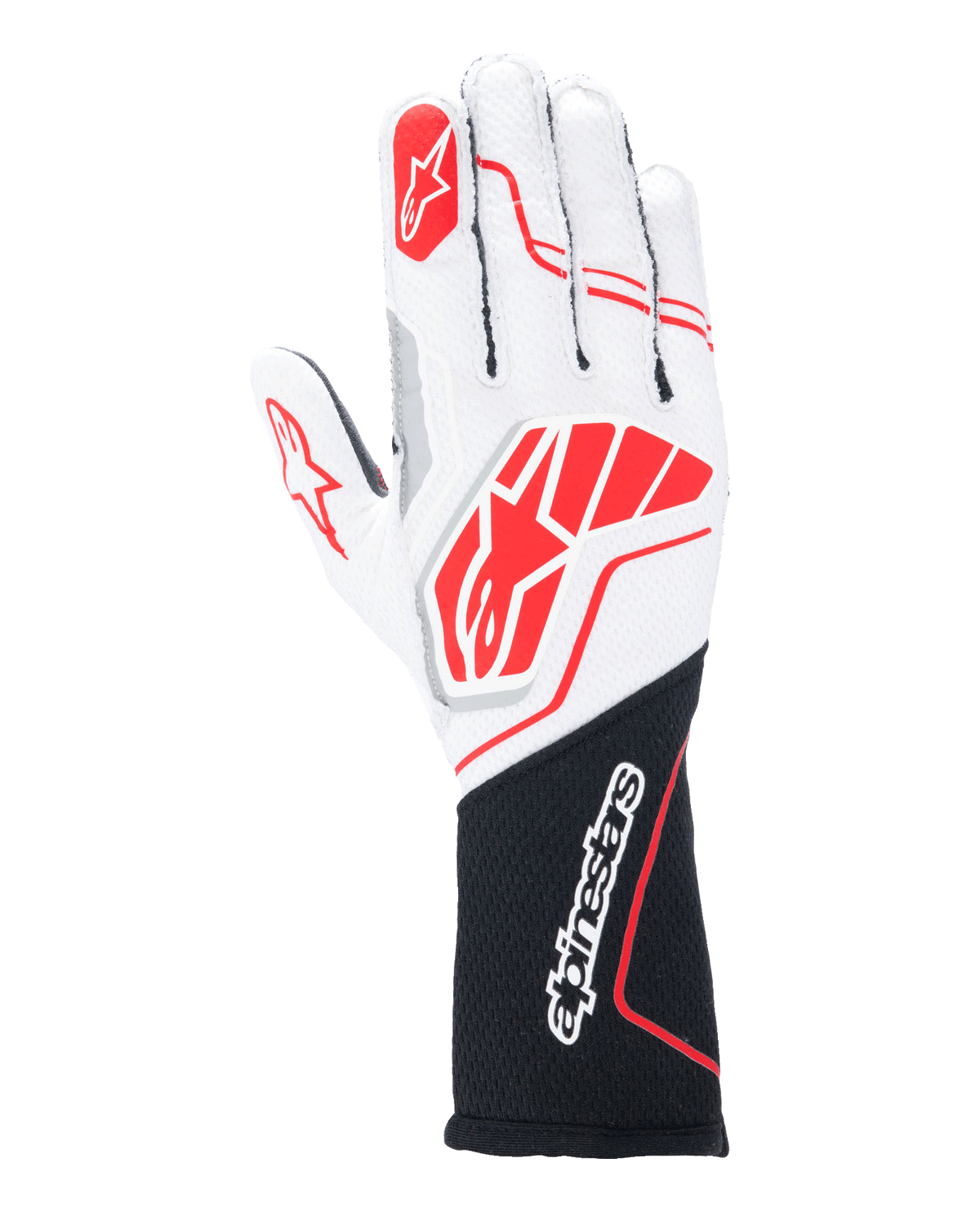 Luvas Alpinestars Tech-1 ZX V4, luvas de automobilismo, brancas e pretas com detalhes vermelhos, tecido texturizado em favo de mel com costuras externas, logótipo vermelho grande no dorso da mão, secção do pulso prolongada em preto com logótipo Alpinestars em branco