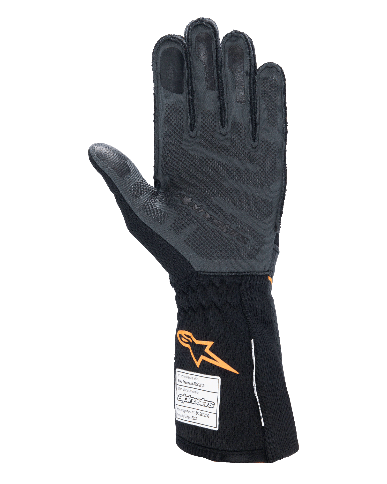 Luvas Alpinestars Tech-1 ZX V4, luvas de automobilismo, pretas e laranja fluorescente, vista da palma com padrão de aderência de silicone 3D e textura em favo de mel, etiquetas de homologação FIA e SFI visíveis no punho, equipamento profissional de desportos motorizados