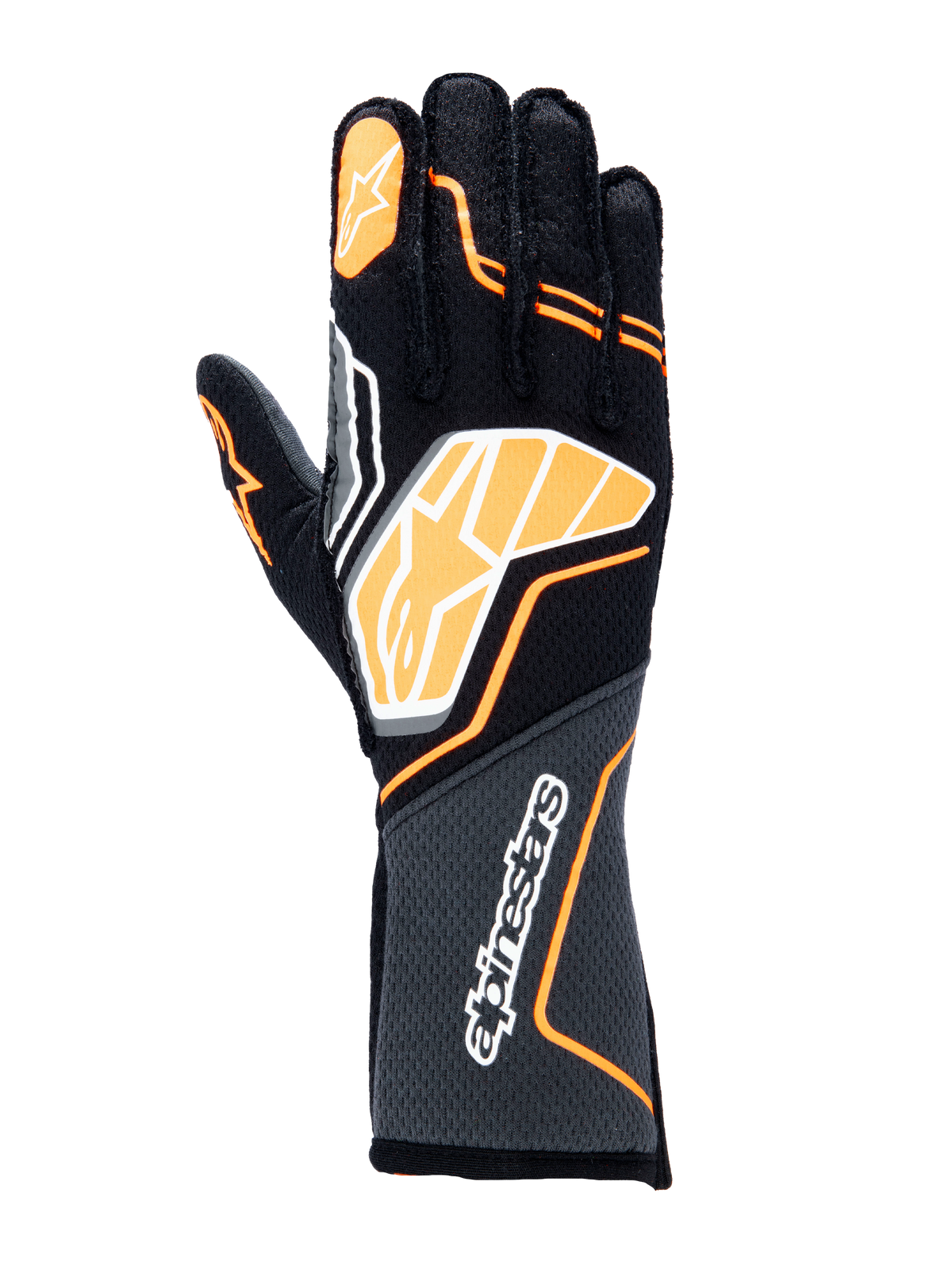 Alpinestars Tech-1 ZX V4 Gloves, luvas de corrida automóvel, pretas com detalhes em laranja fluo e branco, logótipo gráfico grande nas costas da mão, tecido texturizado em favo de mel no punho, design geométrico desportivo para competição profissional