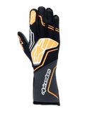 Alpinestars Tech-1 ZX V4 Gloves, luvas de corrida automóvel, pretas com detalhes em laranja fluo e branco, logótipo gráfico grande nas costas da mão, tecido texturizado em favo de mel no punho, design geométrico desportivo para competição profissional