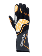 Alpinestars Tech-1 ZX V4 Gloves, luvas de corrida automóvel, pretas com detalhes em laranja fluo e branco, logótipo gráfico grande nas costas da mão, tecido texturizado em favo de mel no punho, design geométrico desportivo para competição profissional