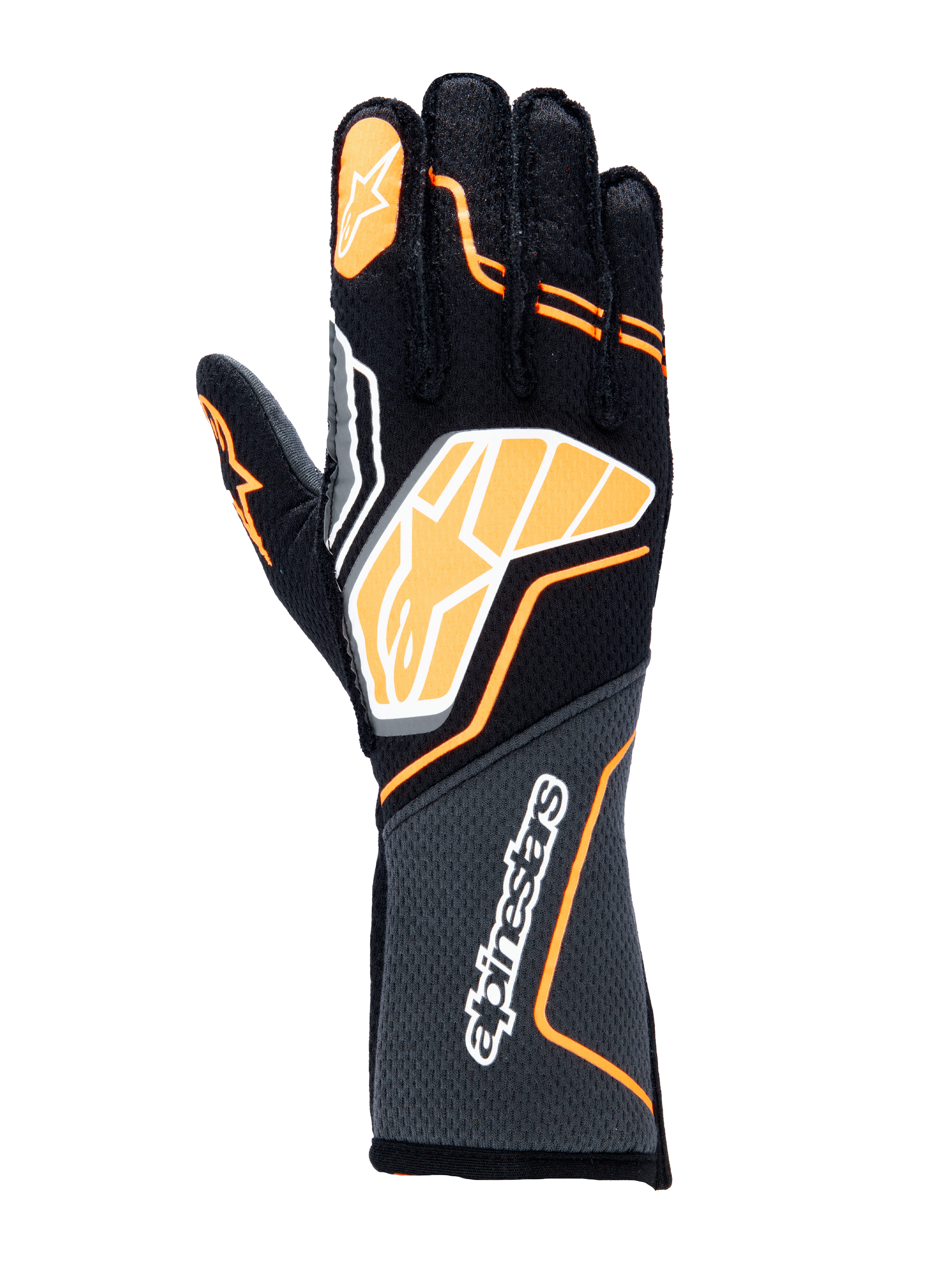 Alpinestars Tech-1 ZX V4 Gloves, luvas de corrida automóvel, pretas com detalhes em laranja fluo e branco, logótipo gráfico grande nas costas da mão, tecido texturizado em favo de mel no punho, design geométrico desportivo para competição profissional