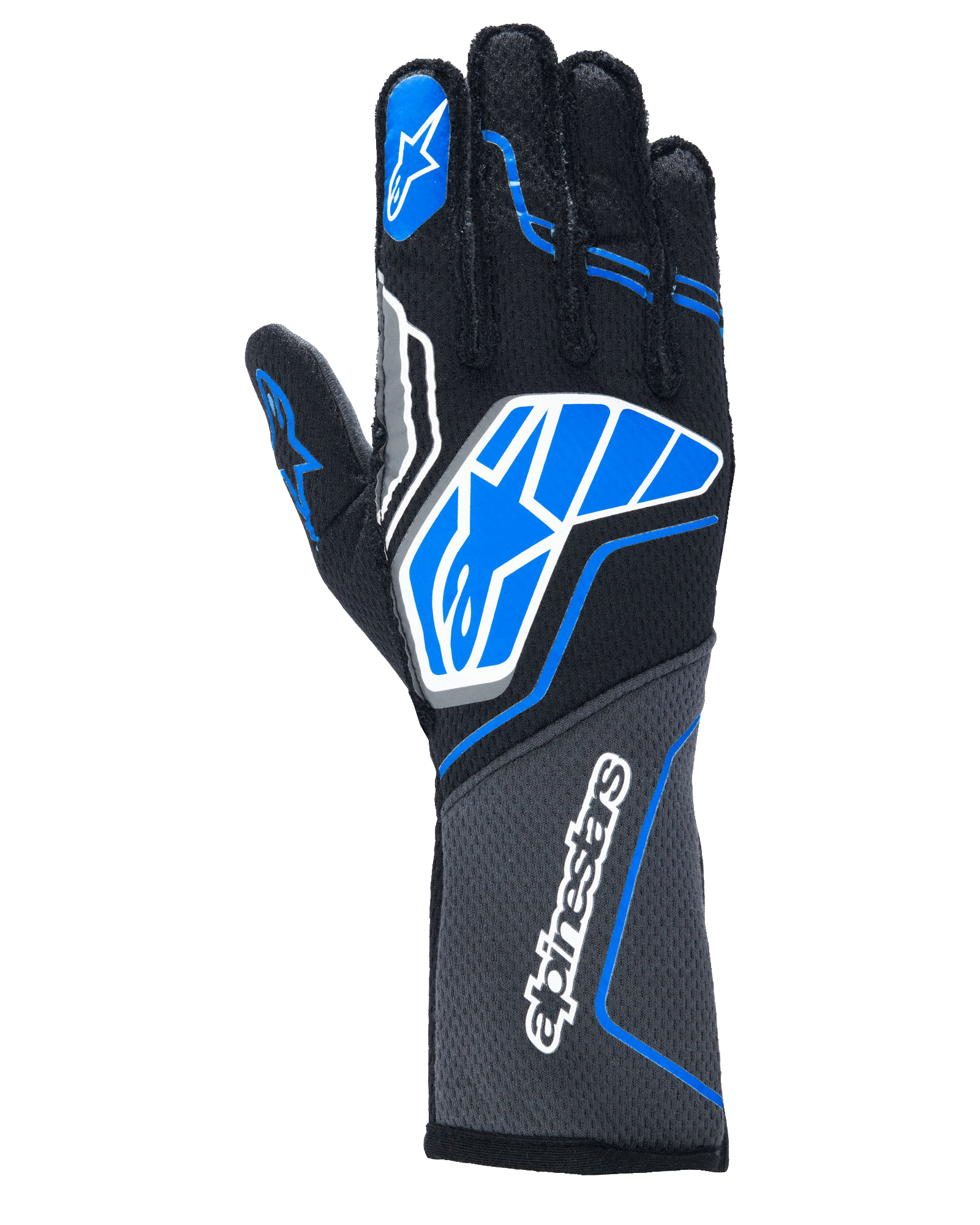 Luvas Alpinestars Tech-1 ZX V4, luvas de corrida para automobilismo, pretas com detalhes em azul e cinzento, com o logótipo de estrela e o nome da marca em branco, construção em tecido de favo de mel, equipamento profissional de desporto motorizado