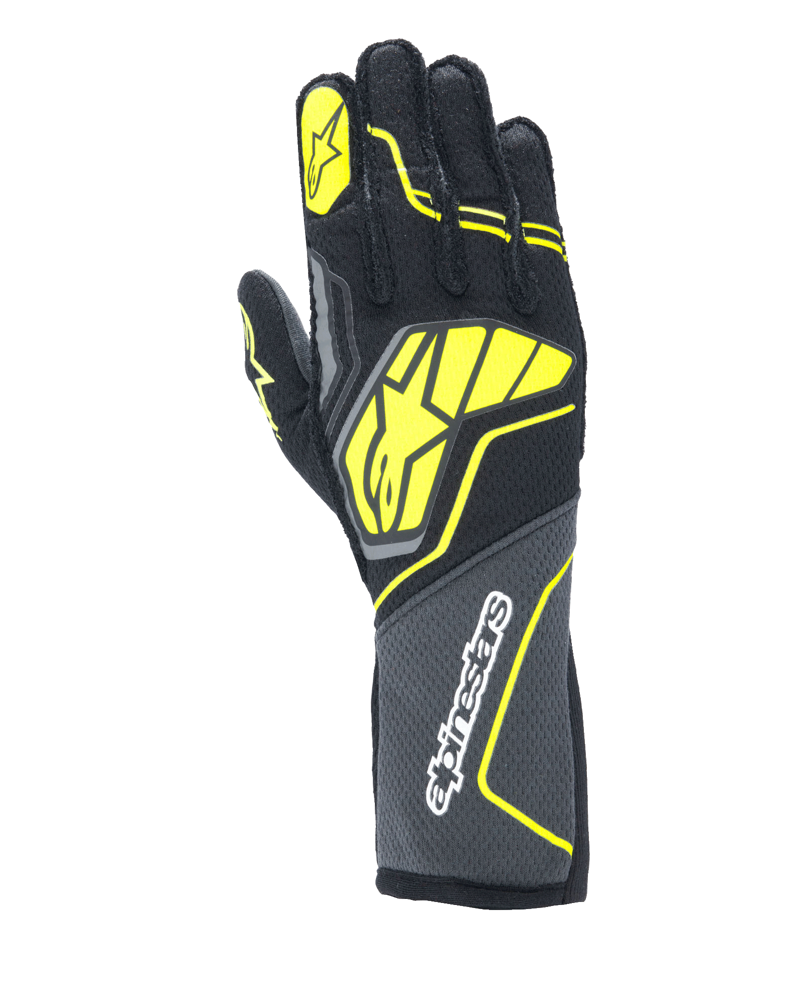 Luvas Alpinestars Tech-1 ZX V4, luvas para automobilismo, cinzento, preto e amarelo fluorescente, com um grande logótipo de estrela amarelo na parte superior e marca branca no punho, tecido com textura em favo de mel e detalhes angulares néon, equipamento profissional de desporto motorizado