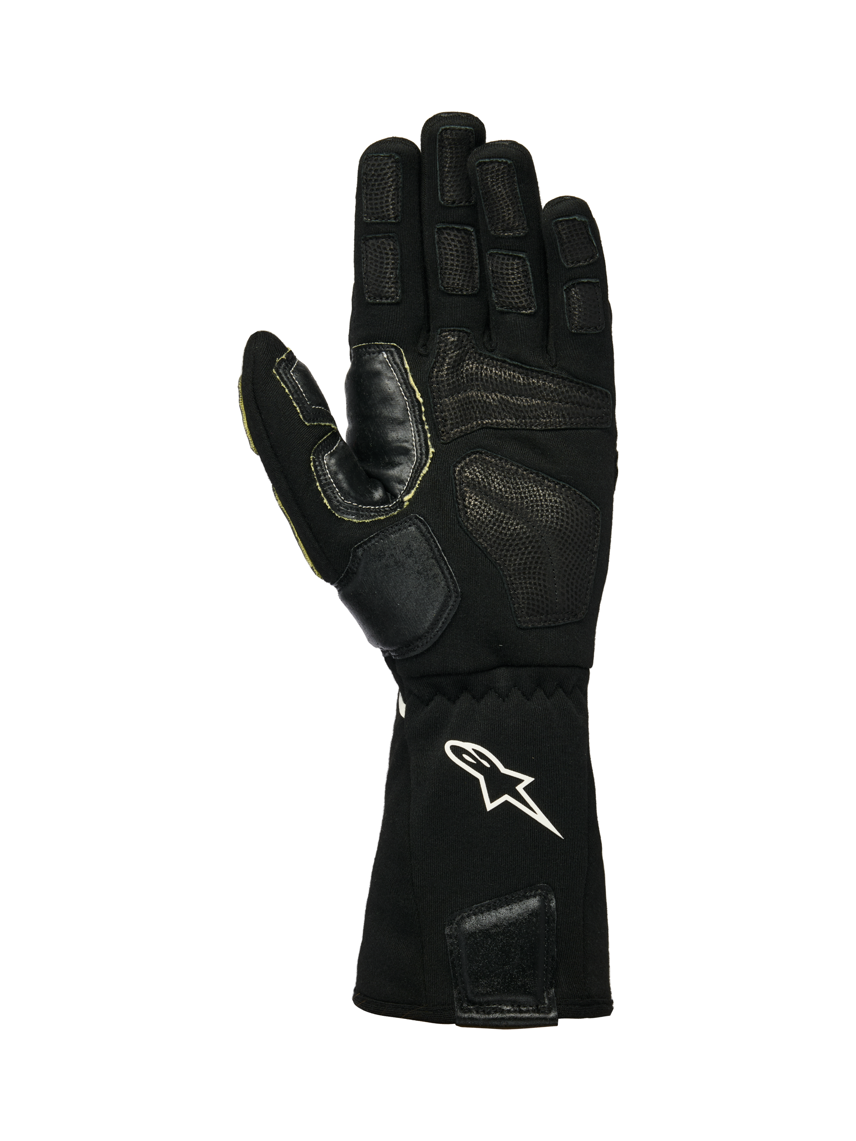 Alpinestars Tech-M V2 Gloves FIA, luvas para mecânicos de boxes, pretas e brancas, vista da palma mostrando couro texturizado e remendos de silicone aderentes, logótipo de estrela branca no punho elástico, concebidas para a utilização de pistolas de rodas em desportos motorizados