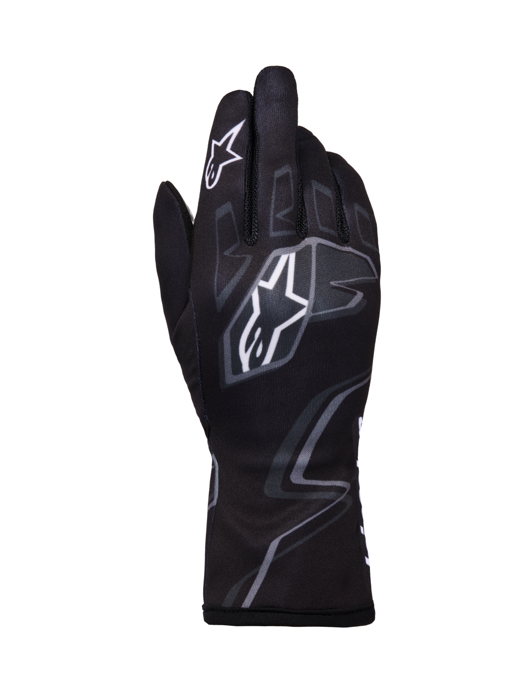 Luvas Alpinestars Tech-1 K Race V2 Graphic 1, luvas de karting, pretas com padrões geométricos brancos e cinzentos, com o logótipo de estrela da Alpinestars, construção têxtil leve com gráficos impressos