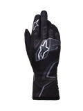 Luvas Alpinestars Tech-1 K Race V2 Graphic 1, luvas de karting, pretas com padrões geométricos brancos e cinzentos, com o logótipo de estrela da Alpinestars, construção têxtil leve com gráficos impressos