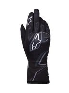 Luvas Alpinestars Tech-1 K Race V2 Graphic 1, luvas de karting, pretas com padrões geométricos brancos e cinzentos, com o logótipo de estrela da Alpinestars, construção têxtil leve com gráficos impressos