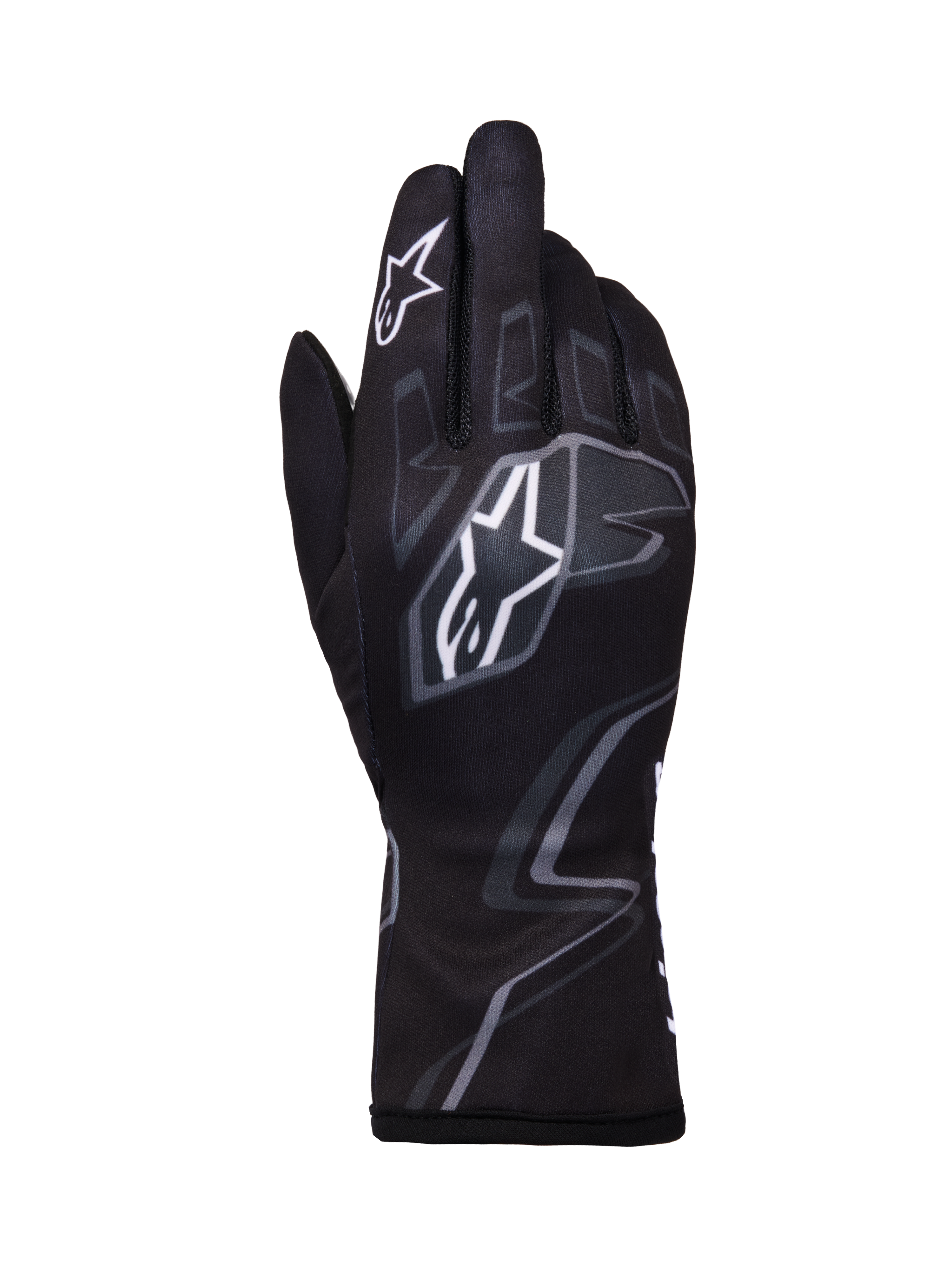 Luvas Alpinestars Tech-1 K Race V2 Graphic 1, luvas de karting, pretas com padrões geométricos brancos e cinzentos, com o logótipo de estrela da Alpinestars, construção têxtil leve com gráficos impressos