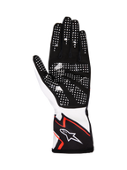 Alpinestars Tech-1 K Race V2 Gloves Graphic 1, luvas de karting, branco, preto e laranja vibrante, vista da palma em camurça sintética preta com pontos de silicone brancos, design ergonómico com logótipo Alpinestars no punho