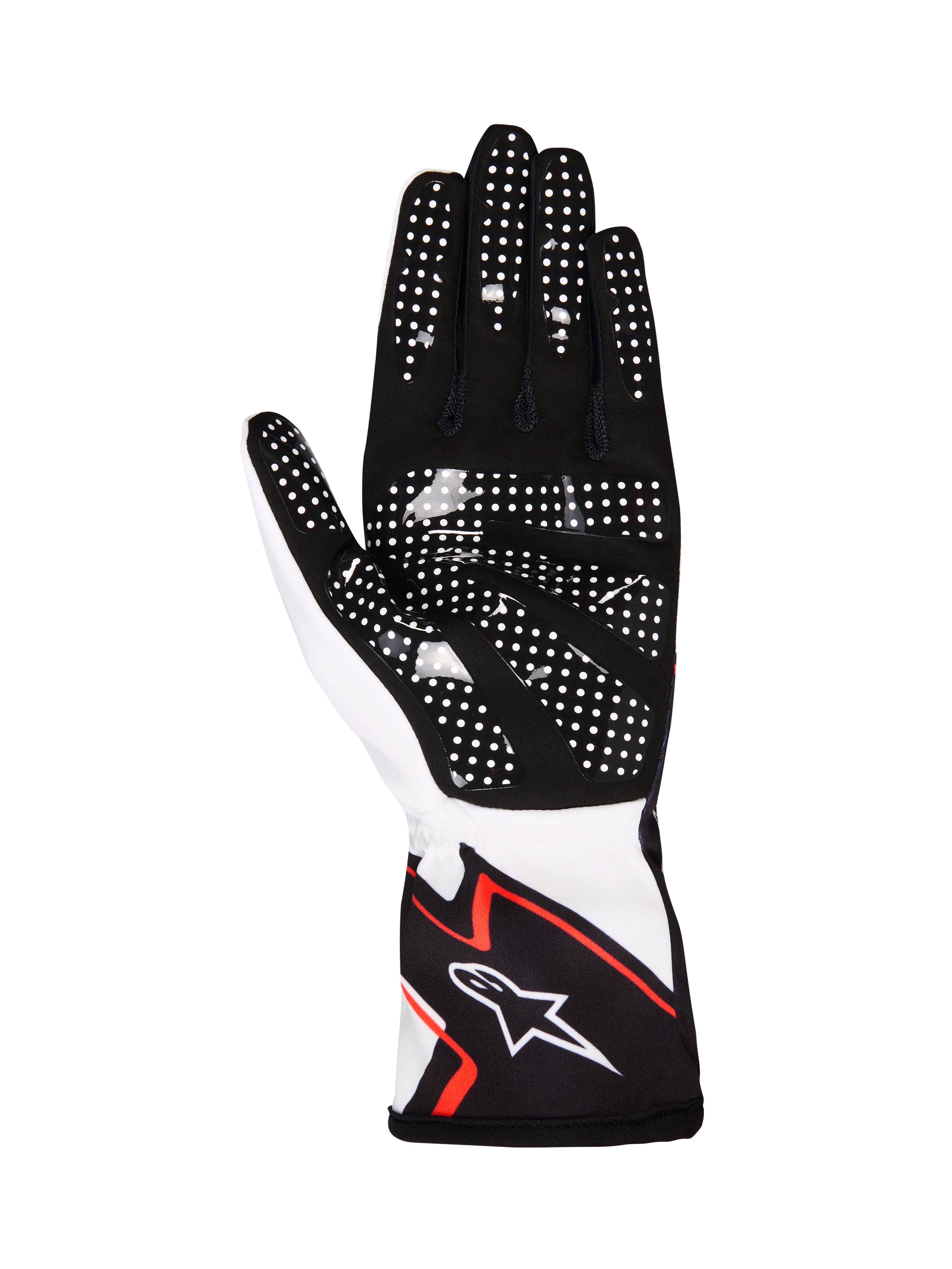 Alpinestars Tech-1 K Race V2 Gloves Graphic 1, luvas de karting, branco, preto e laranja vibrante, vista da palma em camurça sintética preta com pontos de silicone brancos, design ergonómico com logótipo Alpinestars no punho