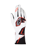 Alpinestars Tech-1 K Race V2 Gloves Graphic 1, luvas de karting, brancas com design geométrico em preto e laranja vibrante, com o logótipo de estrela da Alpinestars nas costas da mão e no dedo indicador, tecido leve e respirável com punho estendido