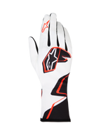 Alpinestars Tech-1 K Race V2 Gloves Graphic 1, luvas de karting, brancas com design geométrico em preto e laranja vibrante, com o logótipo de estrela da Alpinestars nas costas da mão e no dedo indicador, tecido leve e respirável com punho estendido