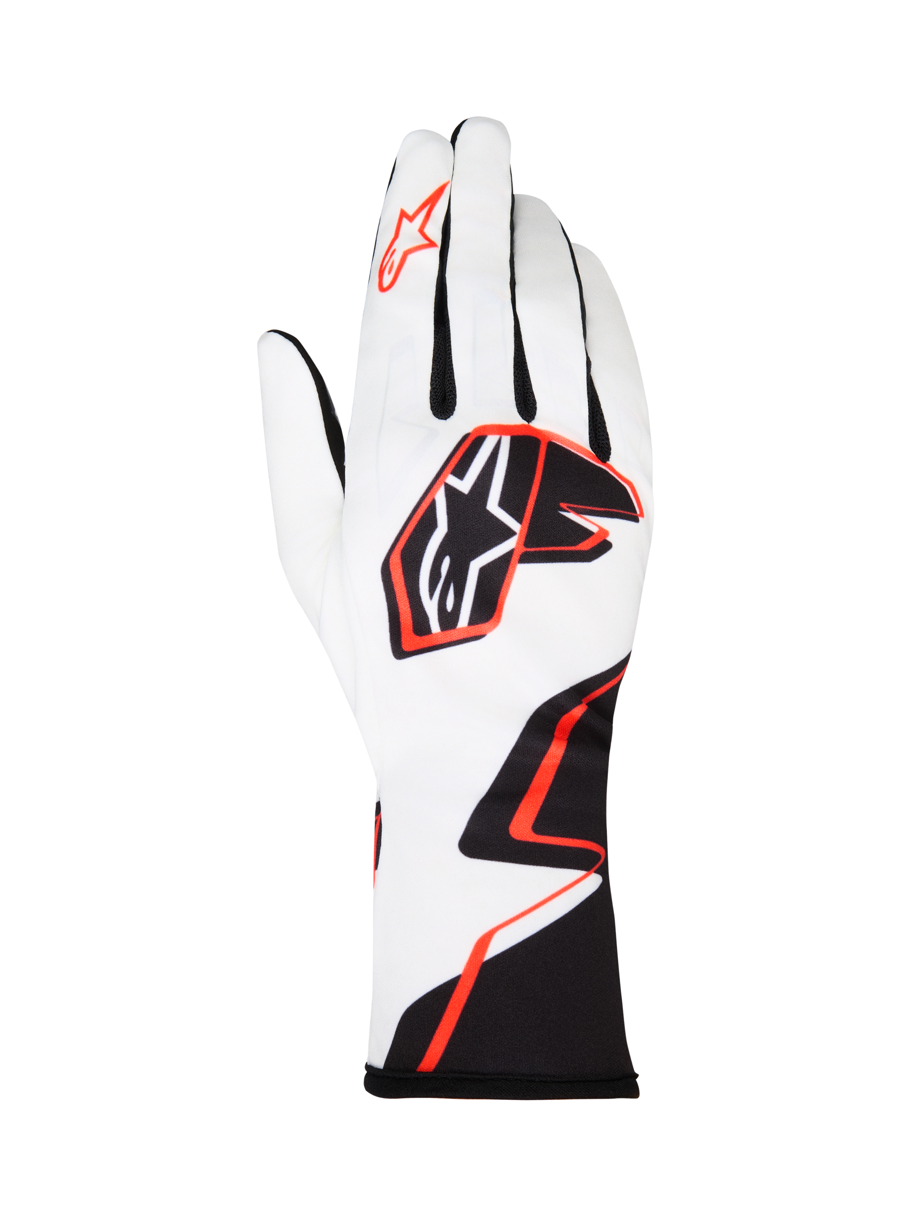Alpinestars Tech-1 K Race V2 Gloves Graphic 1, luvas de karting, brancas com design geométrico em preto e laranja vibrante, com o logótipo de estrela da Alpinestars nas costas da mão e no dedo indicador, tecido leve e respirável com punho estendido