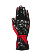 Alpinestars Tech-1 K Race V2 Gloves Graphic 1, Karting Gloves, Red Bright Black White, palm side view featuring white silicone dot pattern for enhanced grip, synthetic suede material, elasticated gauntlet cuff with white logo.