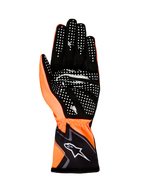 Alpinestars Tech-1 K Race V2 Gloves Graphic 1, luvas de karting, laranja fluorescente e preto, vista da palma com padrão de aderência em silicone branco e logótipo Alpinestars no punho