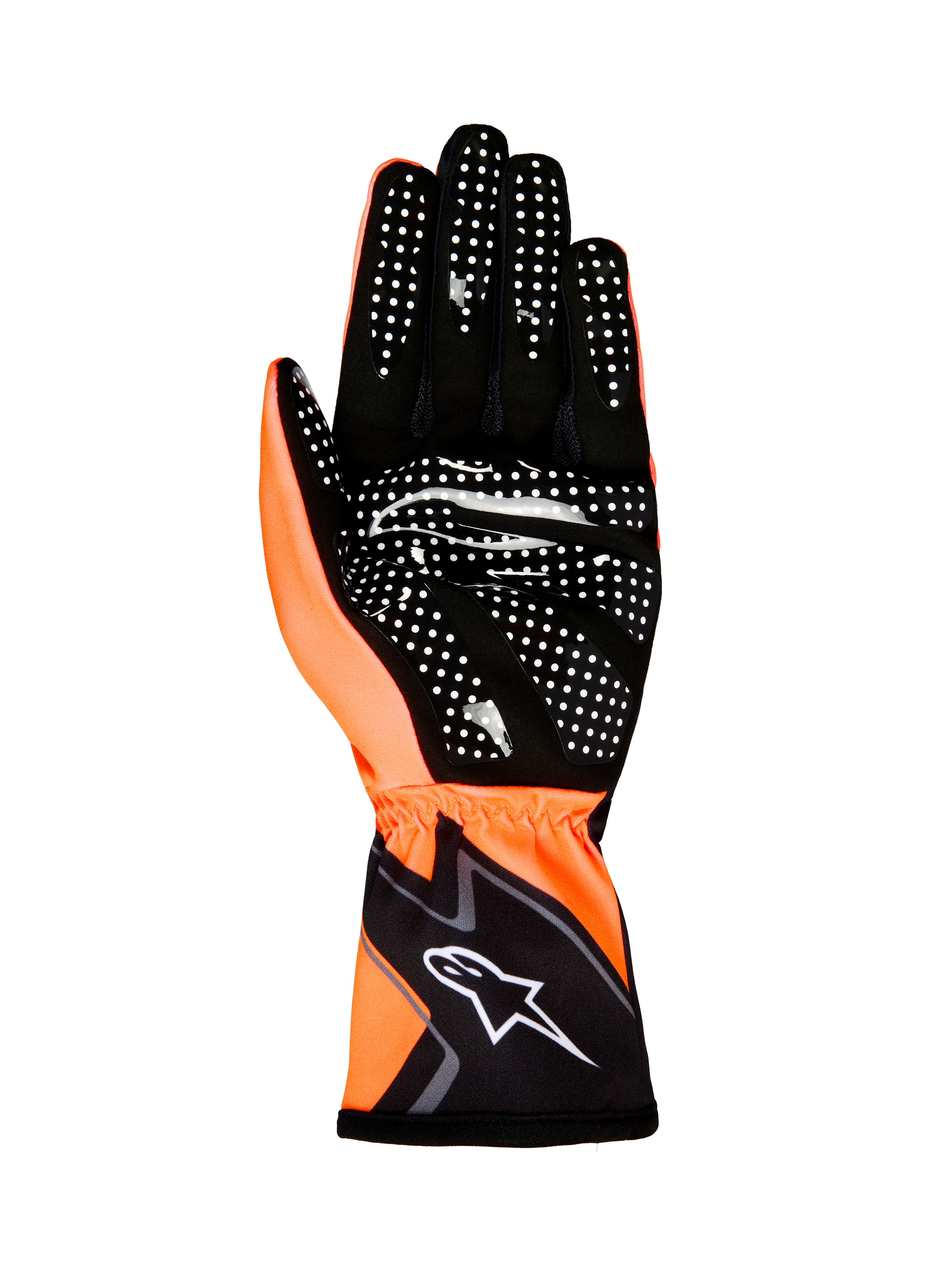 Alpinestars Tech-1 K Race V2 Gloves Graphic 1, luvas de karting, laranja fluorescente e preto, vista da palma com padrão de aderência em silicone branco e logótipo Alpinestars no punho