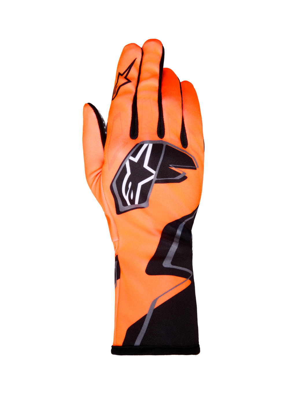 Alpinestars Tech-1 K Race V2 Gloves Graphic 1, luvas de karting para corrida, laranja néon com detalhes em preto e branco, vista traseira da luva esquerda, logótipo de estrela em destaque, design têxtil ajustado com grafismos angulares