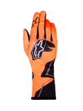 Alpinestars Tech-1 K Race V2 Gloves Graphic 1, luvas de karting para corrida, laranja néon com detalhes em preto e branco, vista traseira da luva esquerda, logótipo de estrela em destaque, design têxtil ajustado com grafismos angulares