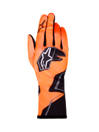 Alpinestars Tech-1 K Race V2 Gloves Graphic 1, luvas de karting para corrida, laranja néon com detalhes em preto e branco, vista traseira da luva esquerda, logótipo de estrela em destaque, design têxtil ajustado com grafismos angulares