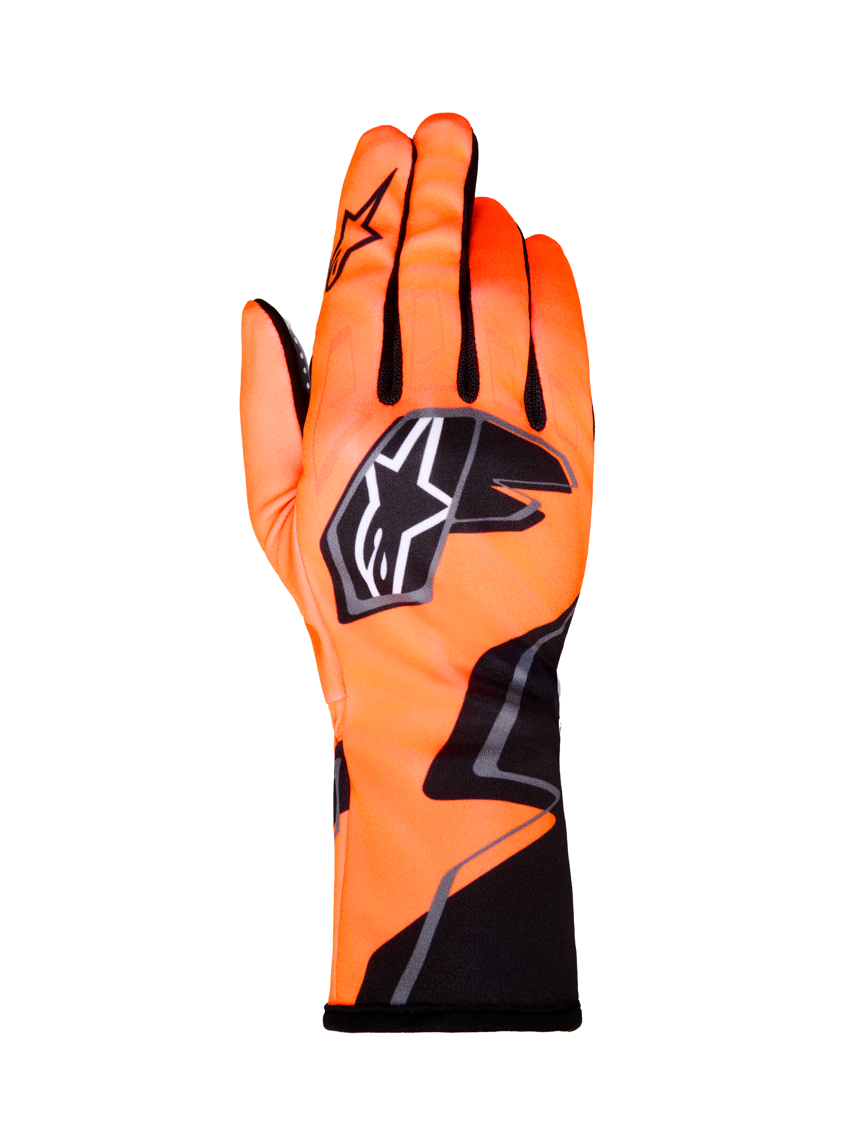 Alpinestars Tech-1 K Race V2 Gloves Graphic 1, luvas de karting para corrida, laranja néon com detalhes em preto e branco, vista traseira da luva esquerda, logótipo de estrela em destaque, design têxtil ajustado com grafismos angulares