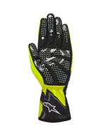 Luvas Alpinestars Tech-1 K Race V2 Graphic 1, Amarelo Fluo, Preto e Branco, vista da palma em camurça sintética preta com padrão de aderência pontilhado em silicone branco, punho elástico com logótipo Alpinestars branco, luva de karting de alta performance