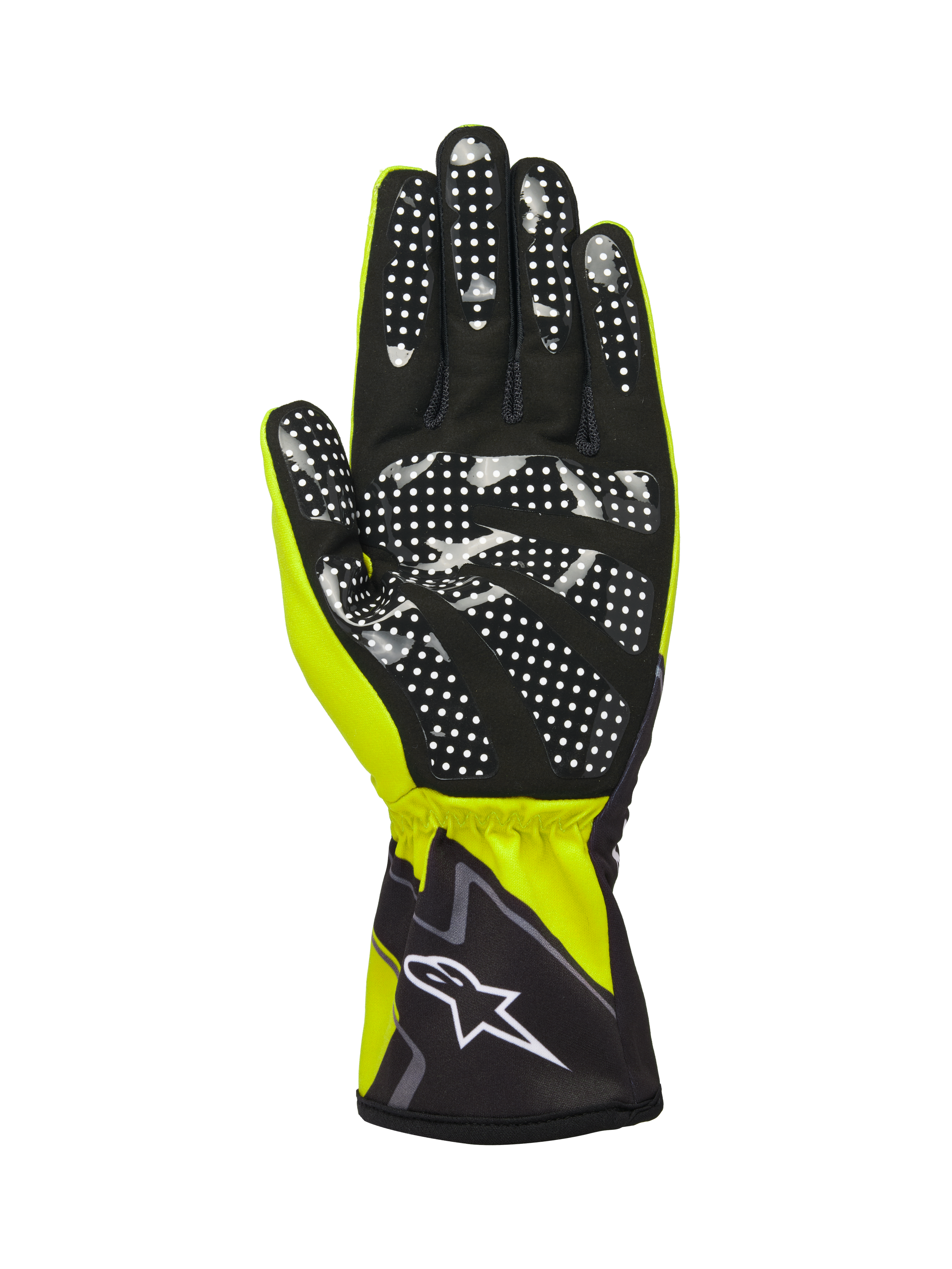 Luvas Alpinestars Tech-1 K Race V2 Graphic 1, Amarelo Fluo, Preto e Branco, vista da palma em camurça sintética preta com padrão de aderência pontilhado em silicone branco, punho elástico com logótipo Alpinestars branco, luva de karting de alta performance