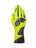 Alpinestars Tech-1 K Race V2 Gloves Graphic 1, luvas de karting, amarelo fluo, preto e branco, com um logótipo de estrela grande no dorso e um padrão geométrico no pulso, equipamento profissional de desportos motorizados