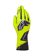 Alpinestars Tech-1 K Race V2 Gloves Graphic 1, luvas de karting, amarelo fluo, preto e branco, com um logótipo de estrela grande no dorso e um padrão geométrico no pulso, equipamento profissional de desportos motorizados