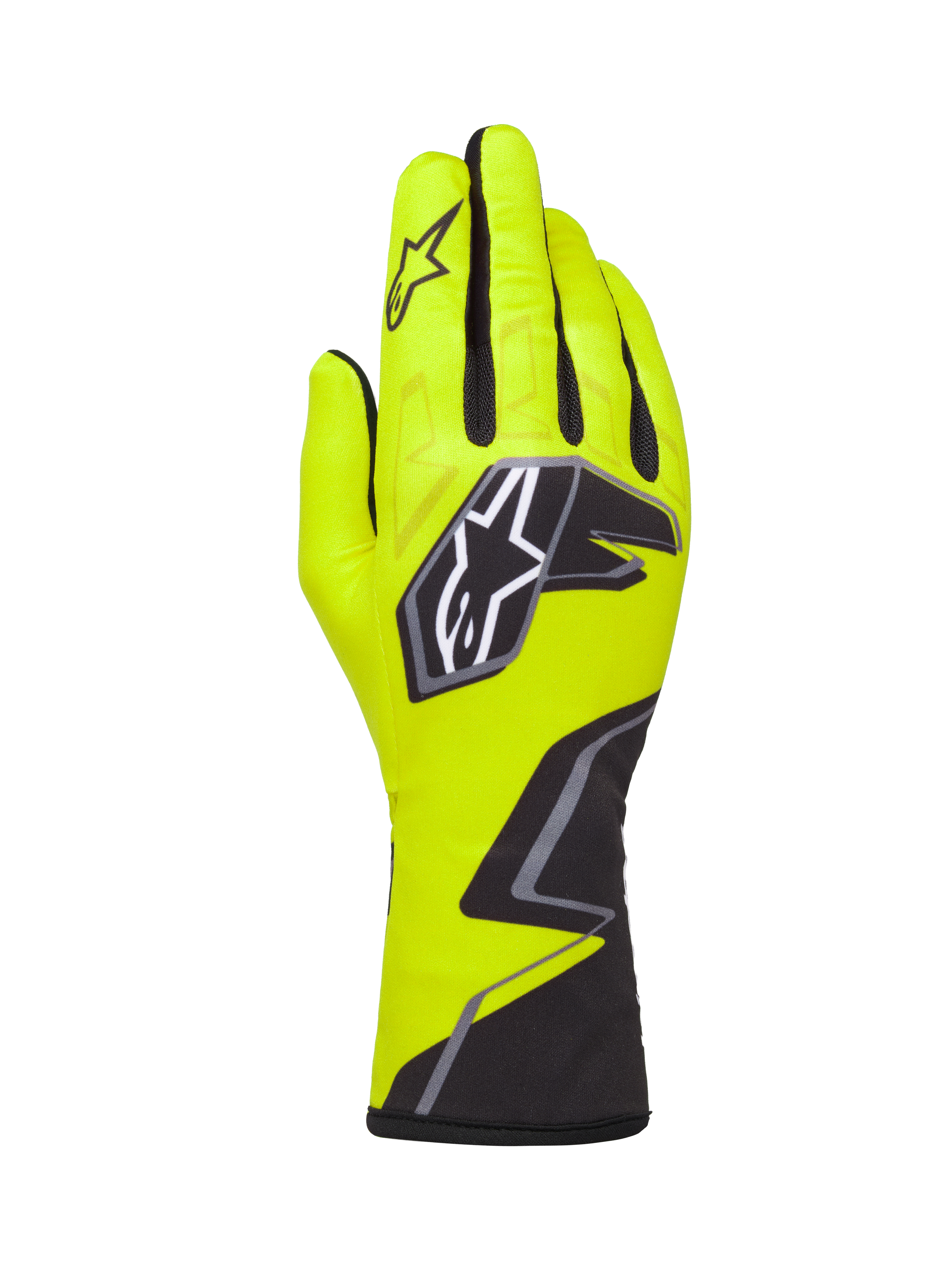 Alpinestars Tech-1 K Race V2 Gloves Graphic 1, luvas de karting, amarelo fluo, preto e branco, com um logótipo de estrela grande no dorso e um padrão geométrico no pulso, equipamento profissional de desportos motorizados