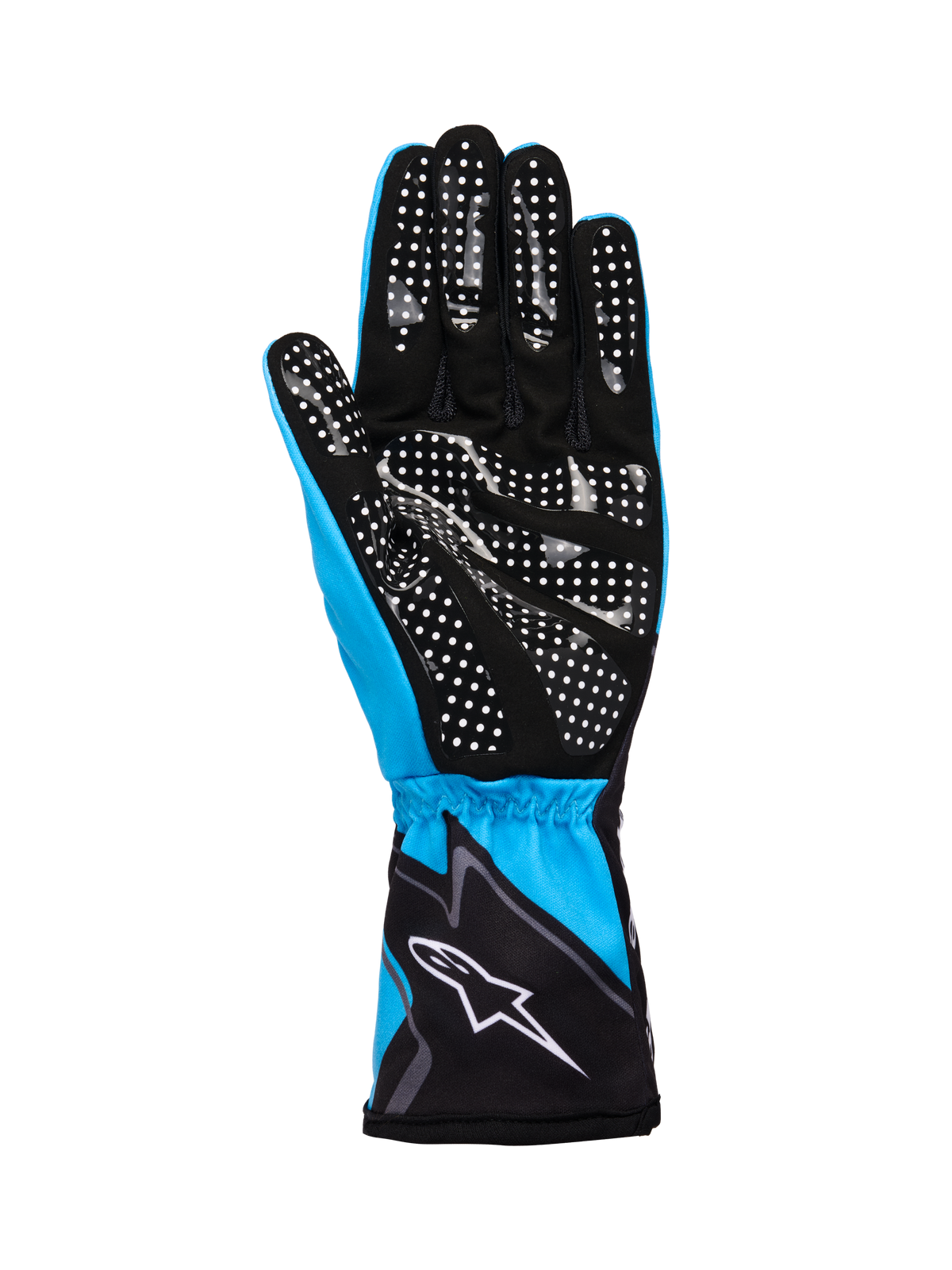 Luvas Alpinestars Tech-1 K Race V2 Graphic 1, luvas de karting, ciano, preto e branco, com palma em camurça sintética com padrão de pontos de silicone brancos para aderência, punho elástico com logótipo Alpinestars branco, construção leve e respirável para desporto motorizado